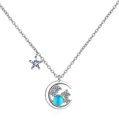 925 Sterling Silber Kristall Stern Mond Anhänger Halskette für Damen Choker Hochzeits Schmuck Anti-Allergie Dz271