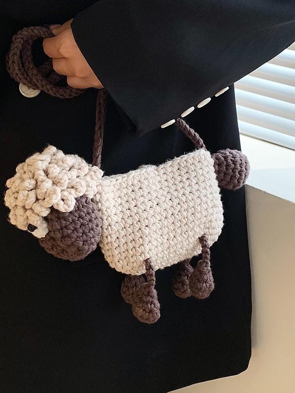 Woolen Knit Cartoon Sheep Crossbody Bag With Phone Pocket For Casual Daily Use