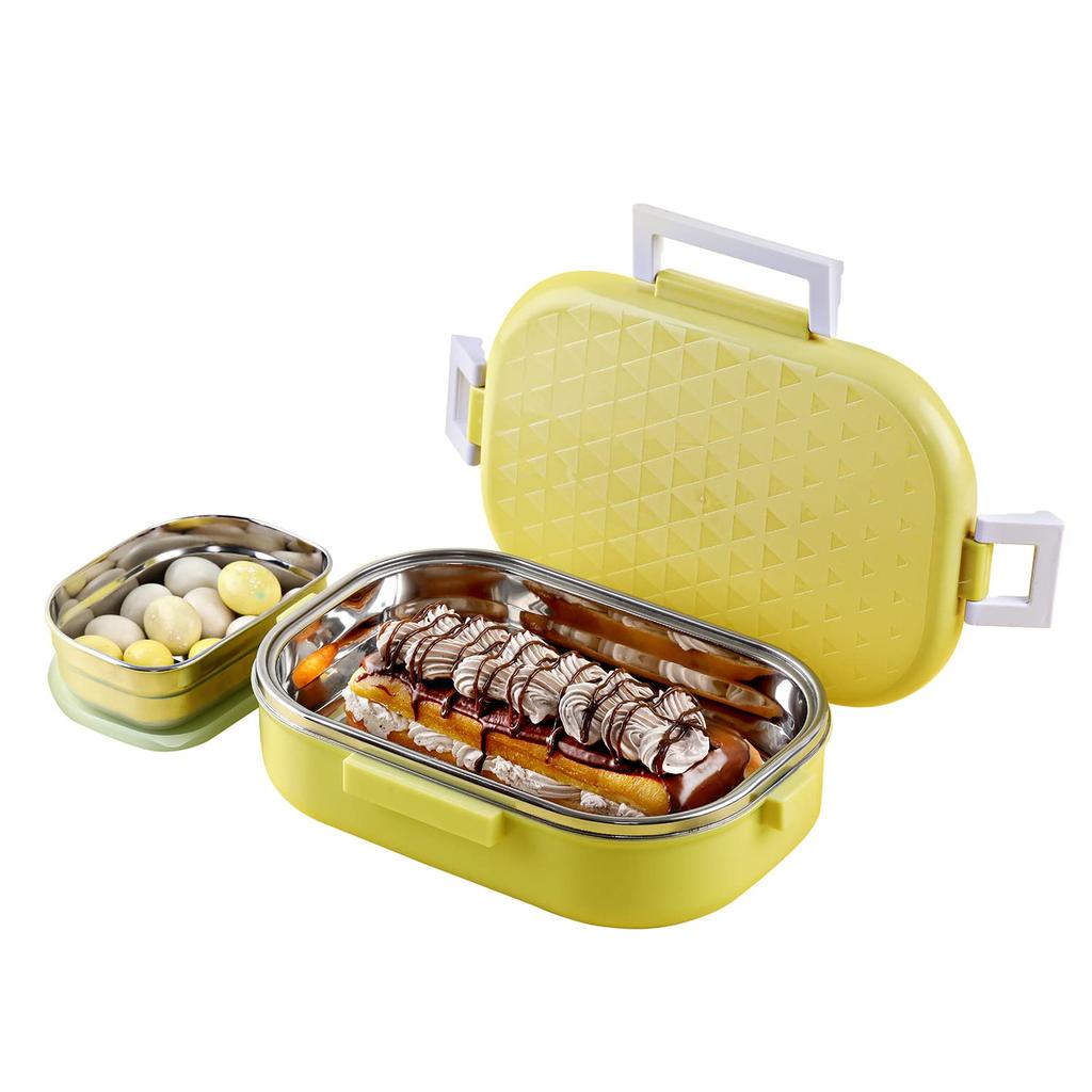 Leakproof Steel Lunch Box For Kids With 2 Containers And Side Veg Box In Bright Yellow For School And Outdoor Meals