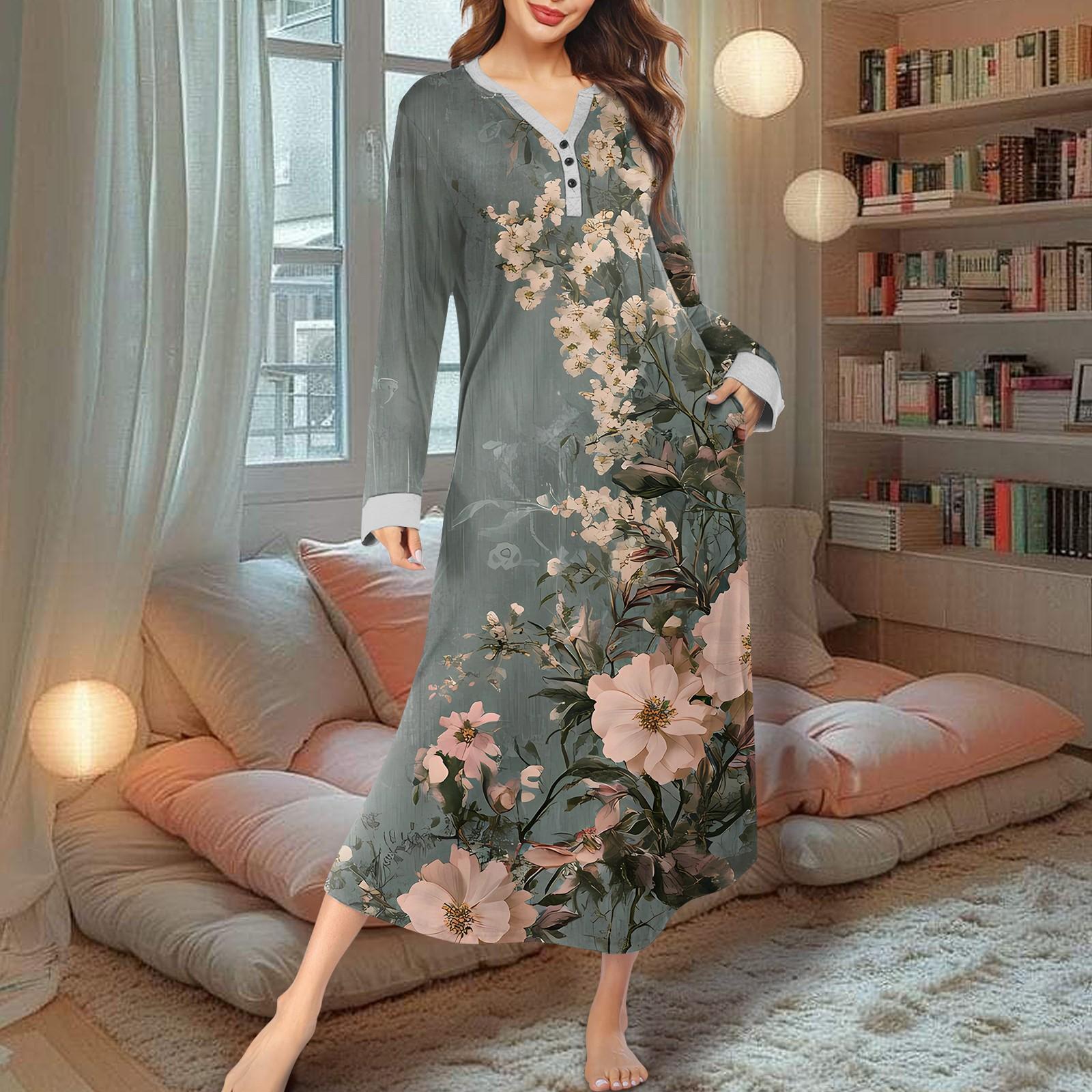 

Женская ночная рубашка, модный принт, длинный домашний халат, пижама с V-образным вырезом и карманами, платье XXXL темно-зеленого