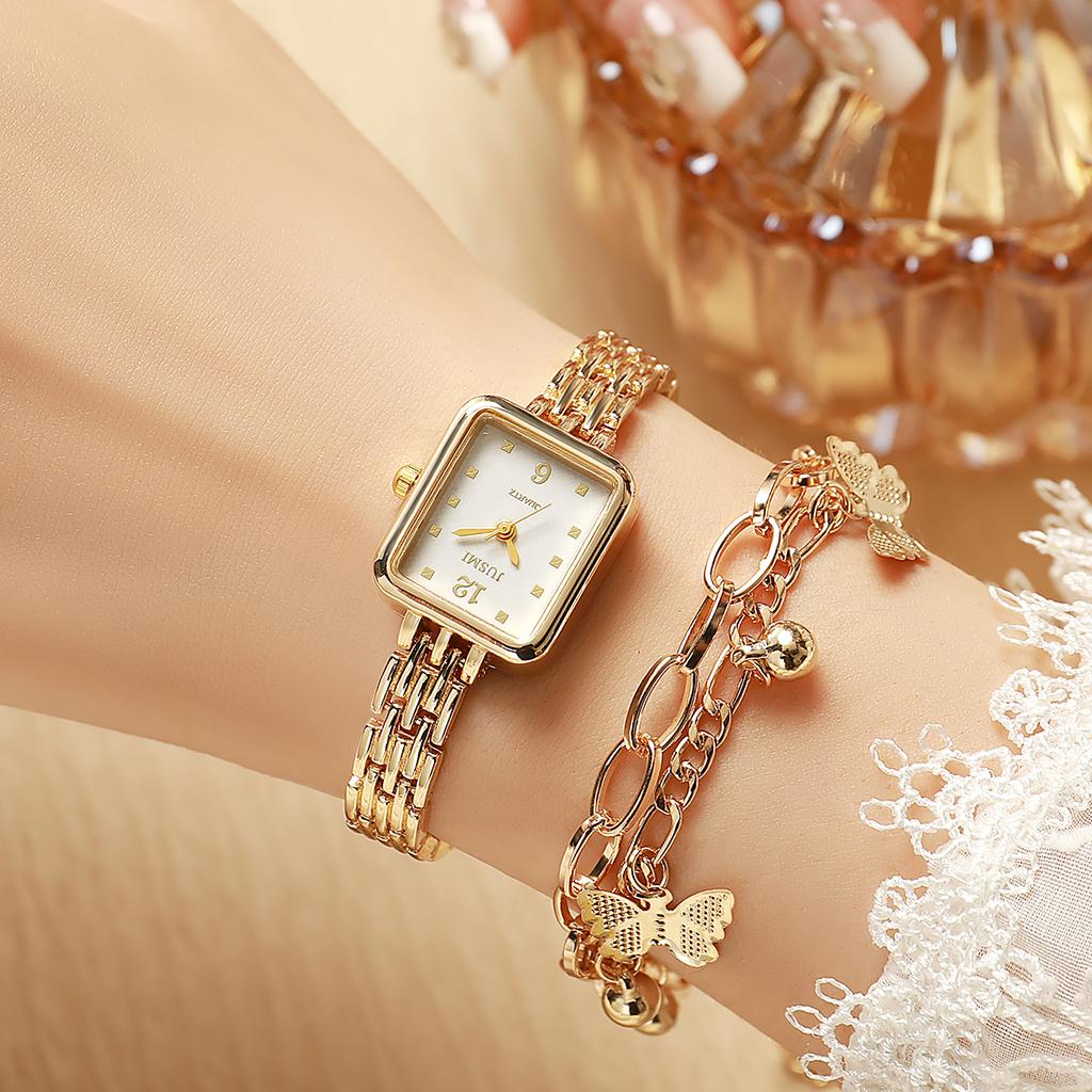No gift box New fashion small square bag mixed scale steel strap quartz watch   butterfly bracelet 2 sets
