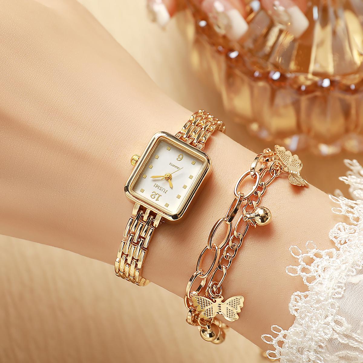 

Без подарочной коробки Новая модная маленькая квадратная сумка стальной ремешок смешанного размера кварцевые часы браслет-бабочка 2 комплекта золотой