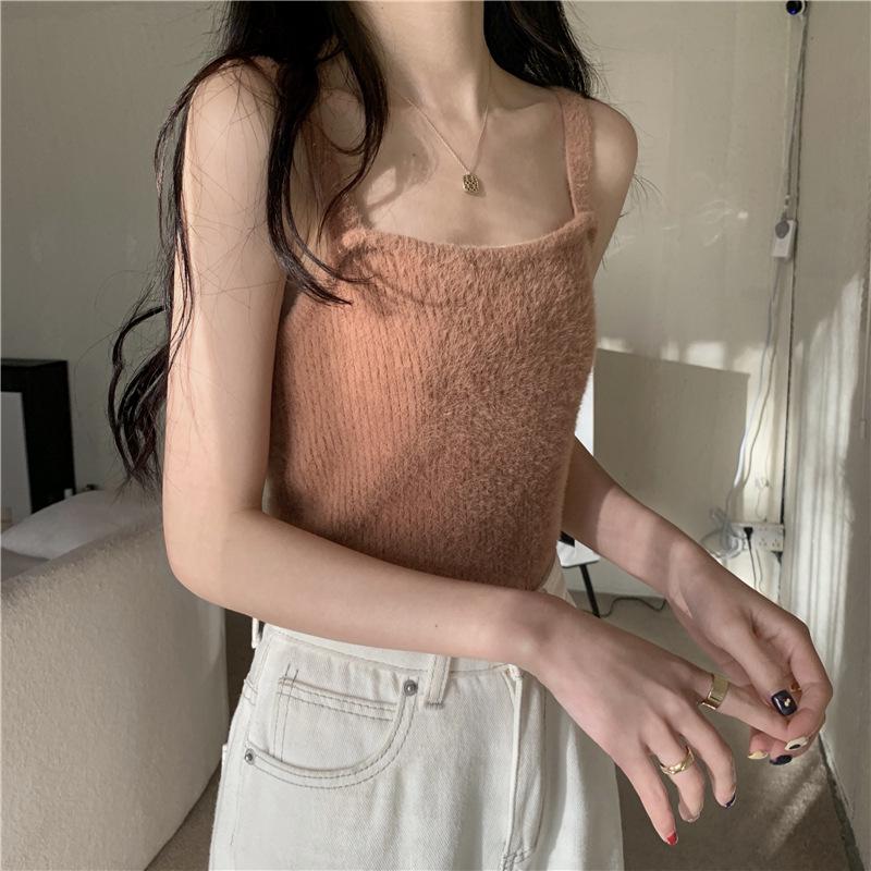 Women's Mink Velvet Knit Sleeveless Camisole, Autumn/Winter Base Layer, Sexy Plain Color Vest.