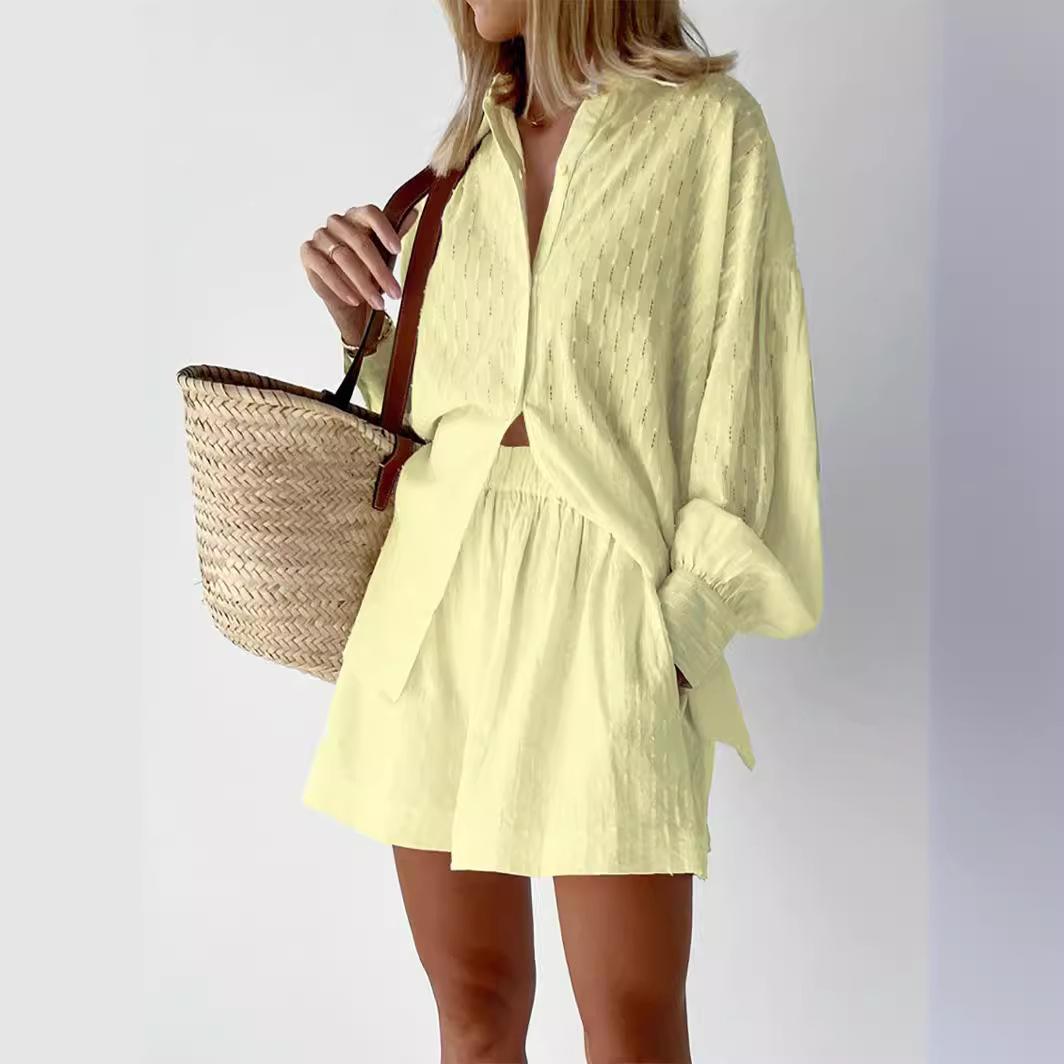 

Женский летний костюм, повседневная льняная рубашка с длинными рукавами, короткие брюки, однотонный комплект из двух предметов XL жёлтый