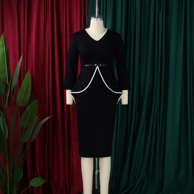 Women Elegant Solid Ruffle High Waist Bodycon Pencil Office Dress