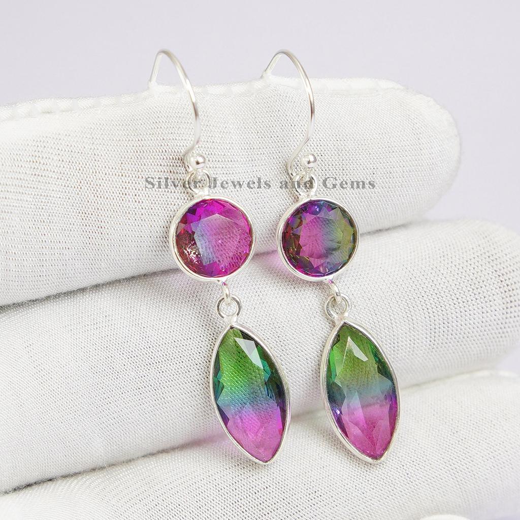 Watermelon Tourmaline Quartz 925 Sterling Silver Dangle Earrings