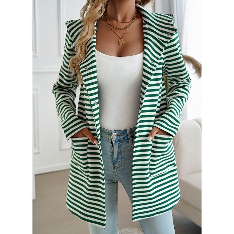 Women's Autumn and Winter New Temperament Striped Cardigan Hooded Knitted Long-sleeved Jacket