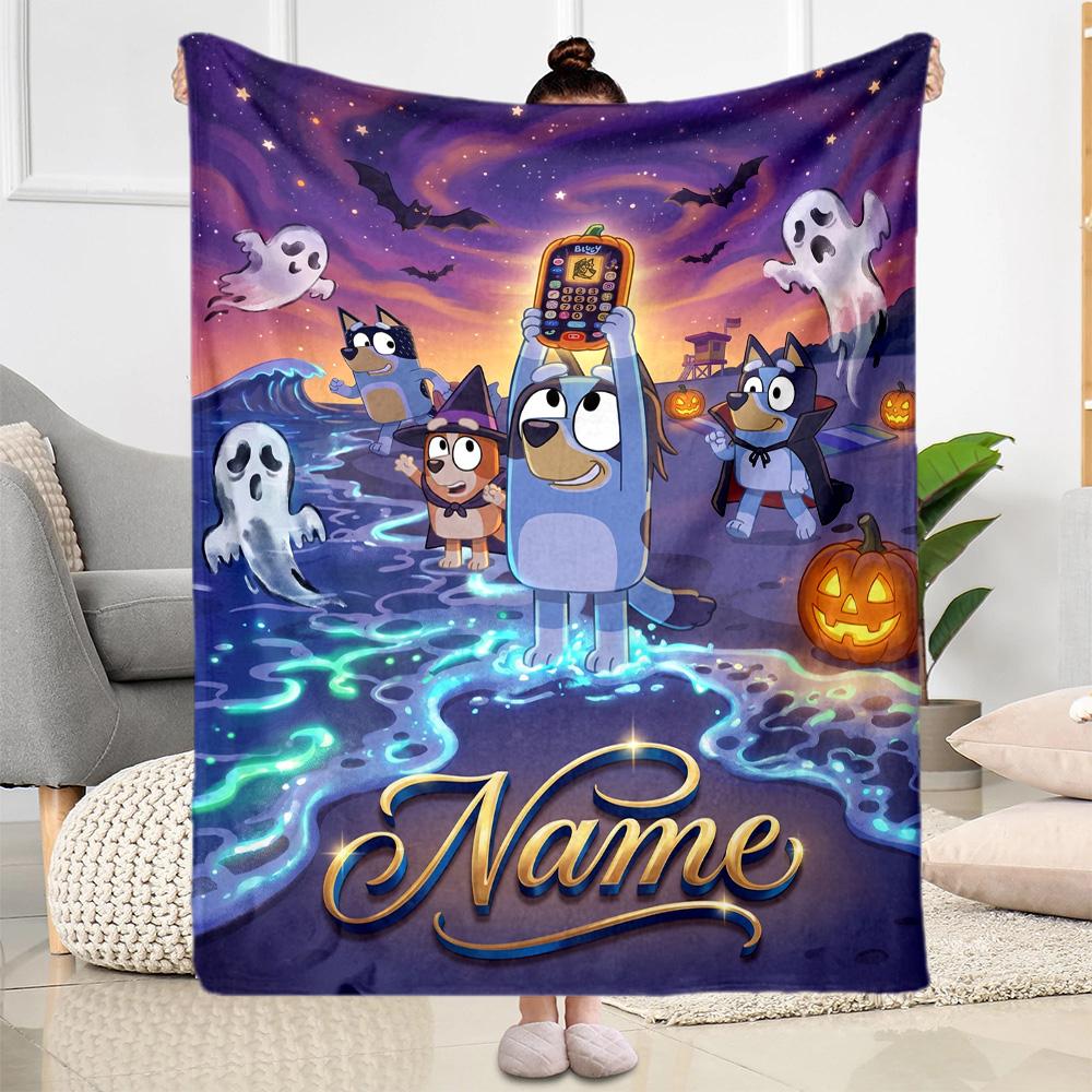 Bluey Halloween Night Personalized Name Blanket Lightweight Customizable Blanket Soft Warm Cozy Suitable for Livingroom Couch Chair Sofa