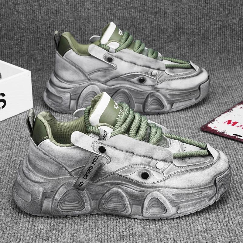 Chunky Sneaker Men Designer Distressed Sport Shoes Fashion Casual Leather Fabric Breathable Height Increased Flat Platform Shoes