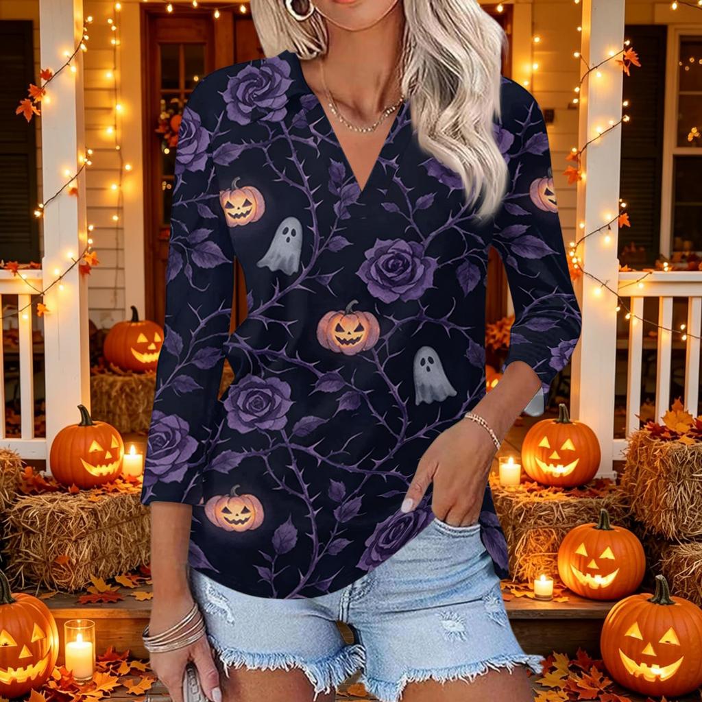 Women's Casual Halloween Themed Print V-Neck Three-Quarter Sleeve Top