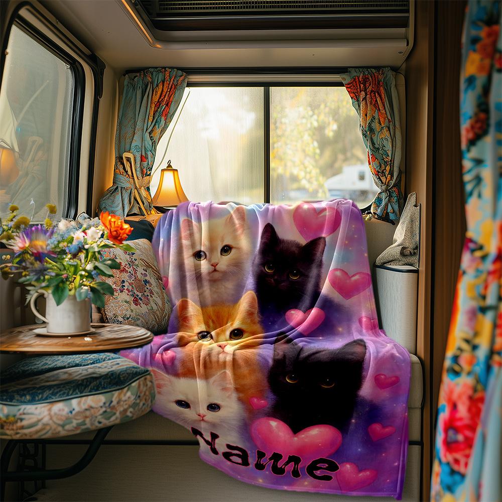 Cute Kittens With Hearts On A Dreamy Background Blanketcustomizable With Your Namecomfortable And Stylish Perfect For Travel Beds Chairs Offices Sofas