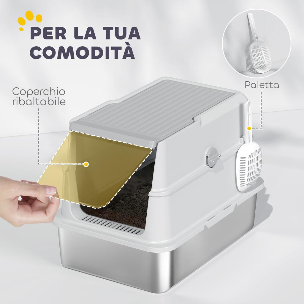Stainless Steel Large Cat Litter Box with Flip Lid, Scoop, and Deodorizer, Light Grey
