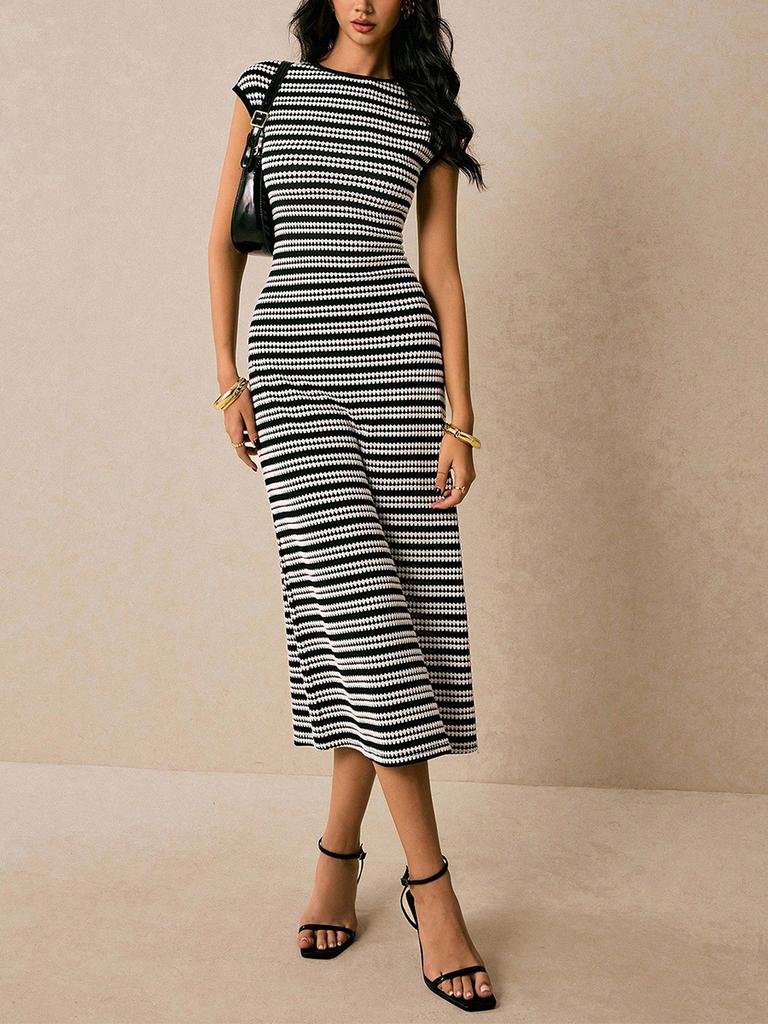 Striped Knit Dress - Imported Sleeveless Slim Fit One-Piece Midi Dress for Women