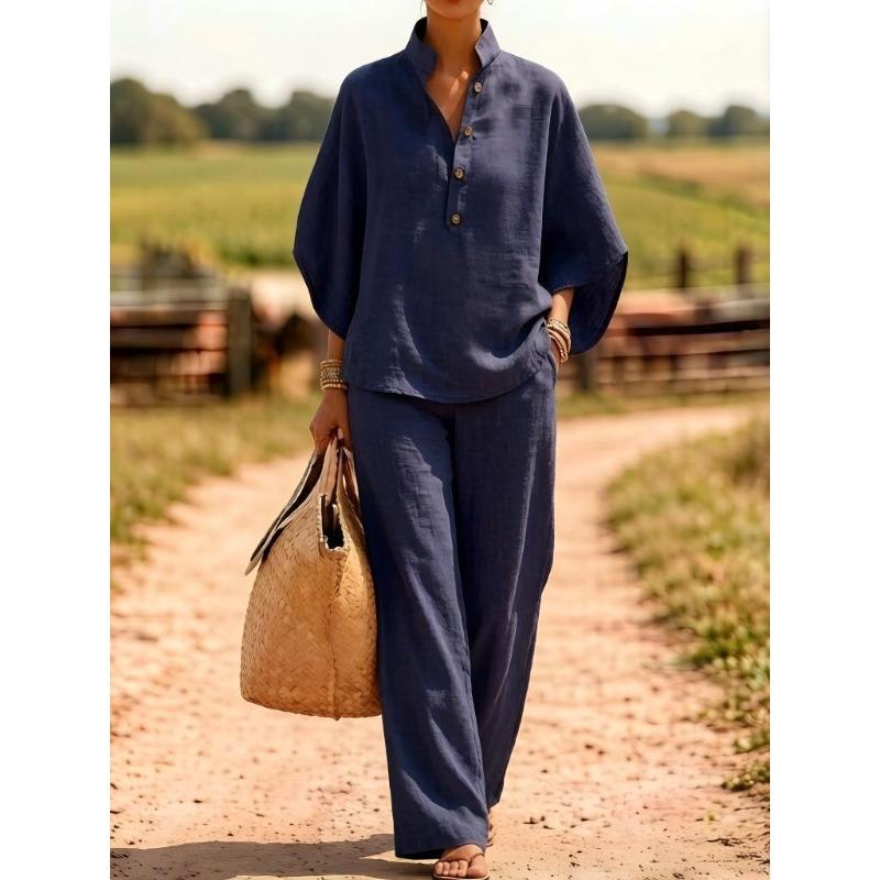 Women's Solid Color Half Placket Stand Collar Half Sleeve Shirt Wide Leg Pant Linen Two Piece Pant Suit
