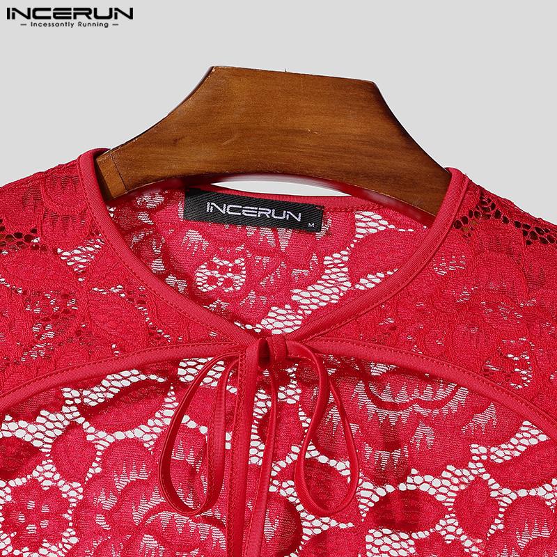 INCERUN Men Lace Up See Through Lace Crop Tops Club Party Mesh Short T-shirts