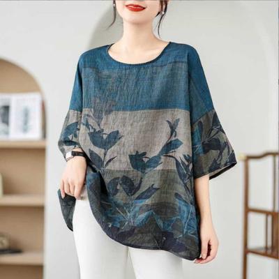 Retro Baumwoll-Leinen bedrucktes Halbsleeve T-Shirt für Damen, Elegantes Sommer-Oberteil, Lockerer Schnitt, Schlankmachend, Western-Stil