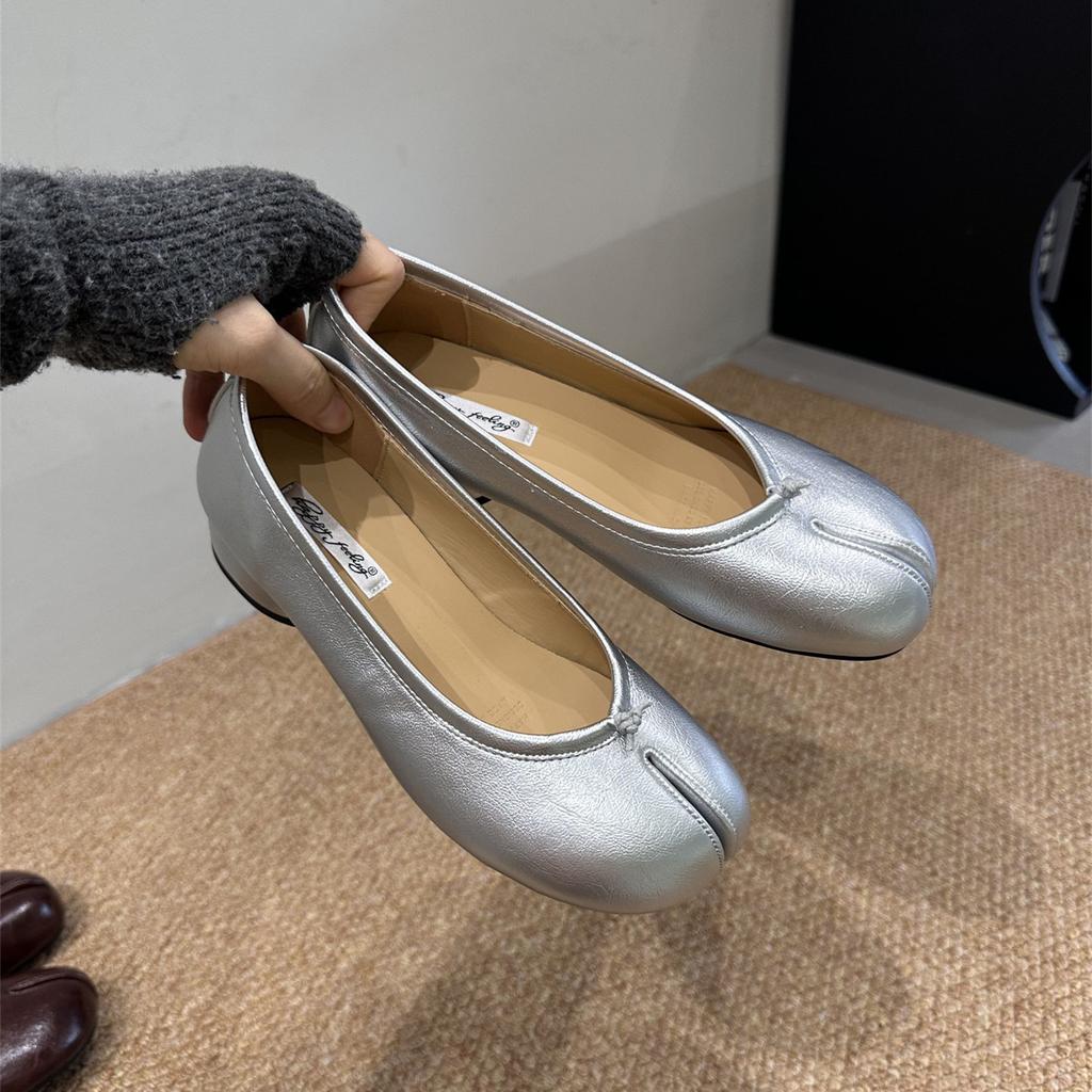 Fashion Bailamos Autumn Women Flat Shoes Shallow Soft Leather Casual Outdoor Mary Jane Shoes Fashion Split Toe Flat Heel Laofer Shoes