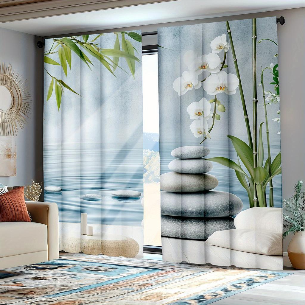 Set Of 2 Yoga Spa Curtains Sand Orchid Garden Massage Stones Bedroom Living Room Decorative Made Polyester Great Window Treatment
