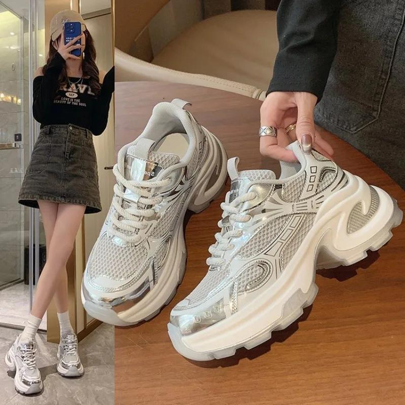 

мода 2024 Женская спортивная обувь Толстая подошва Сетчатая дышащая Женская обувь Новая модная расцветка Повседневные теннисные туфли Zapatos 40 серебряный