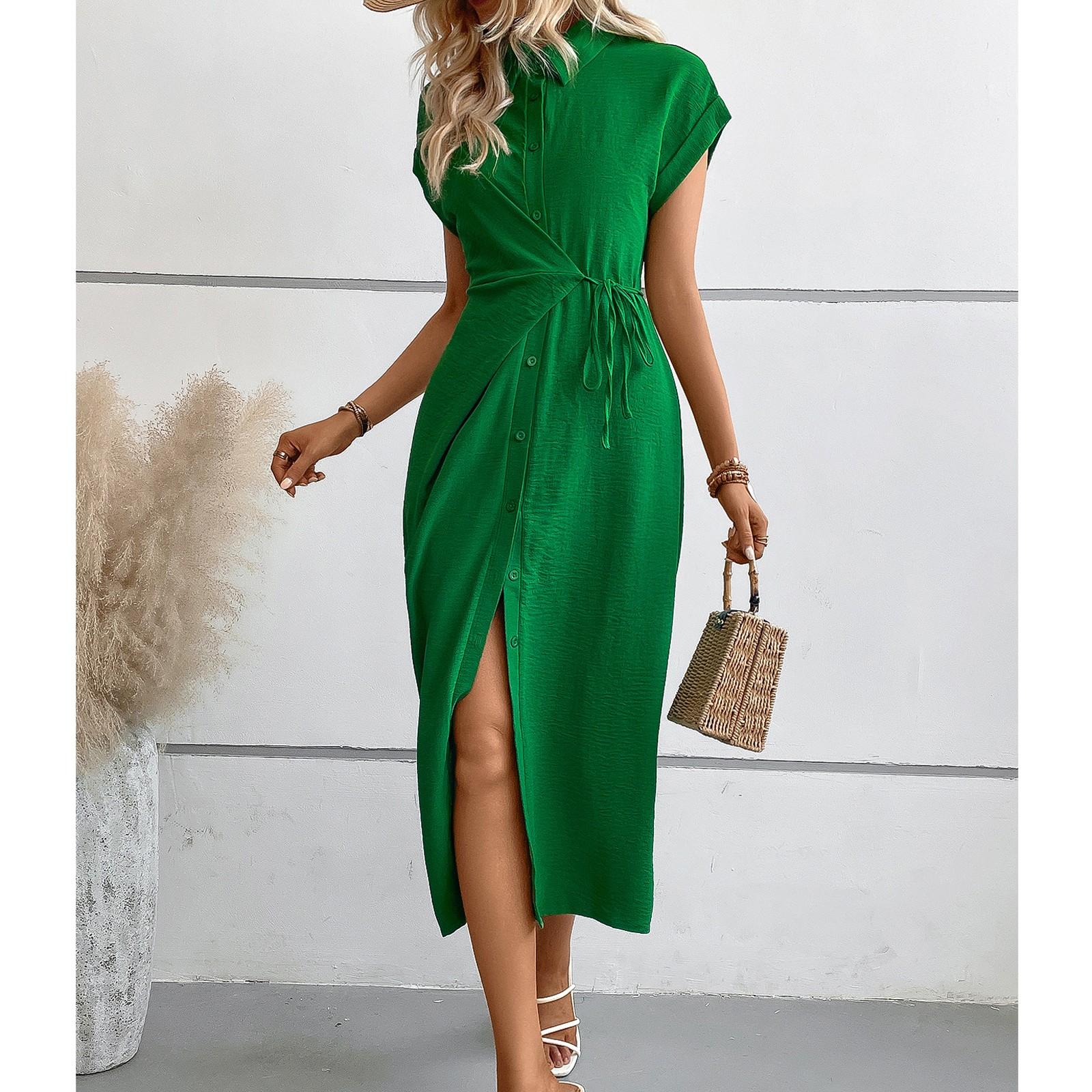 

Женское свободное однотонное платье с высокой талией и короткими рукавами на пуговицах XL