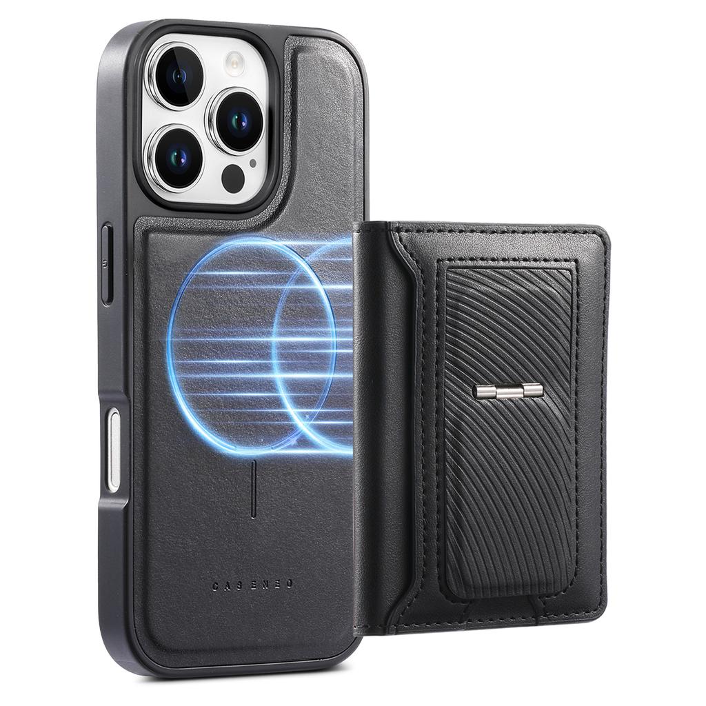 CASENEO For iPhone 16 Pro Detachable Magnetic Phone Case with Card Holder Kickstand TPU PU Leather PC Phone Cover Compatible with MagSafe