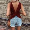 Women Summer Casual Solid Color Backless Knot Vest Top