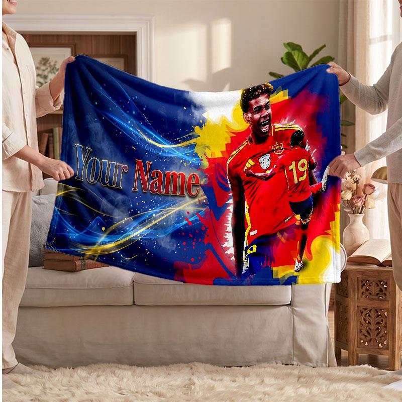 Coperta in pile personalizzata Lamine Yamal con logo del calcio, testo con nome personalizzato, morbida, calda, coperta da divano per la casa