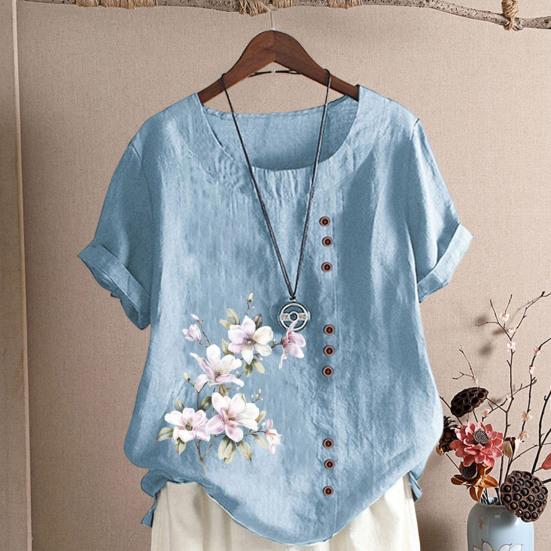 Frauen Shirt Kurzarm Rundhals Knöpfe Dekor Lose Atmungsaktive Streetwear