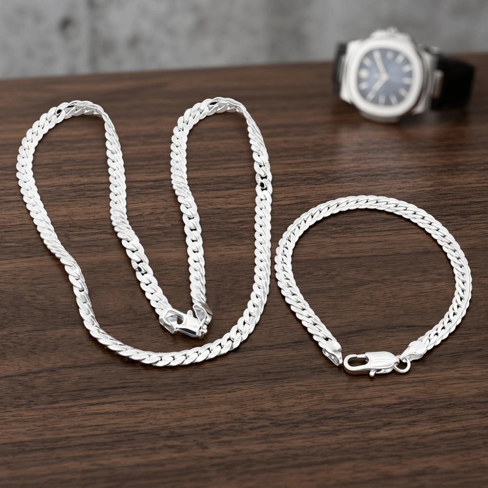 2Pcs Full Side Flat Chain Bracelet Silver-Plated Snake Chain Bracelet Side Chain Necklace Party