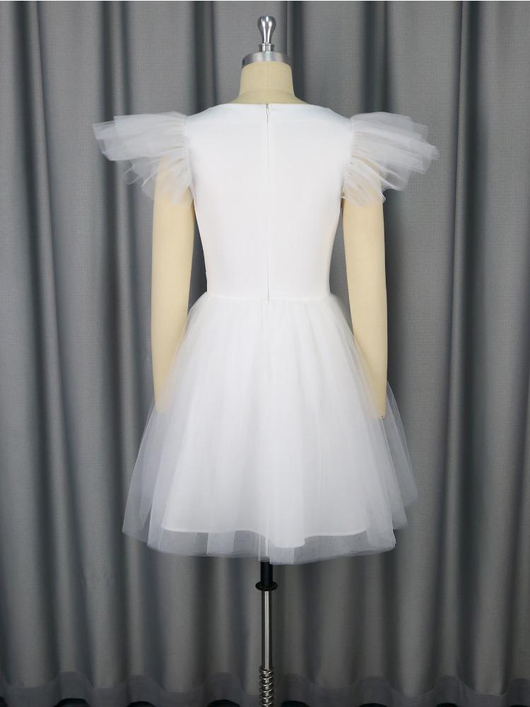 White Wedding Dresses Flutter Sleeve Mesh Skirt Gcasual Puff Short Dress Womens Wedding Guest Dresses Elegant Party Outfit