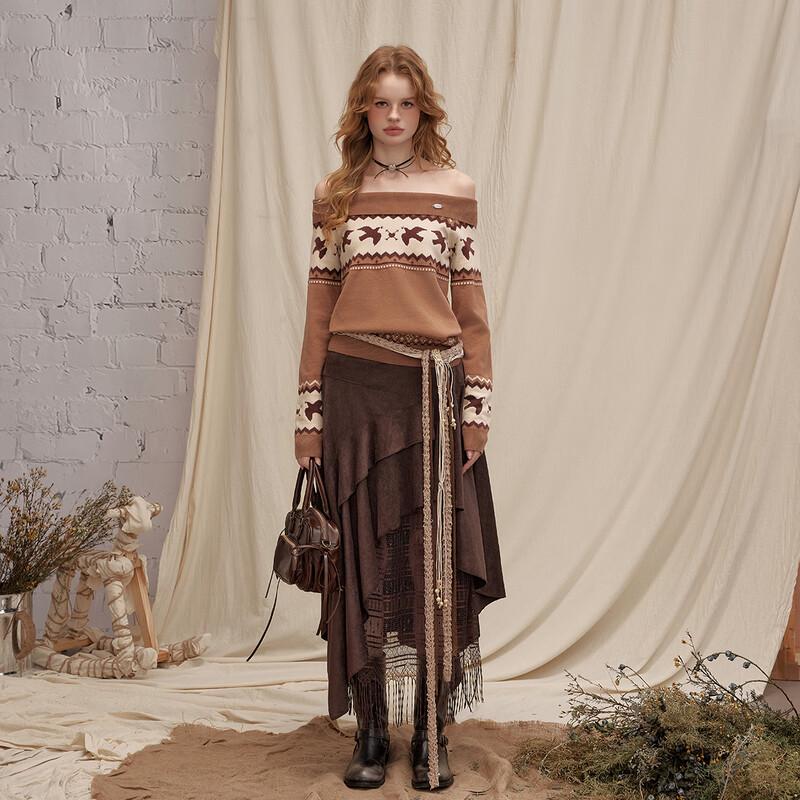 UNIFREE Boho Off-Shoulder Fair Isle Knit Sweater