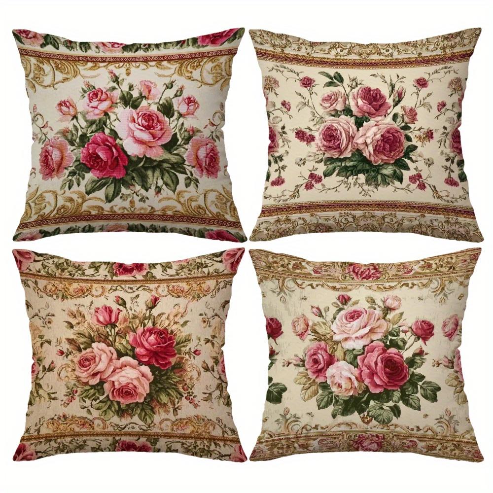 

4pcs Vintage Rose Pillow Covers 45x45cm Classic Floral Tapestry Print with Scroll Border for Sofa Bed Decor Cotton Blend 35x35cm 4pcs