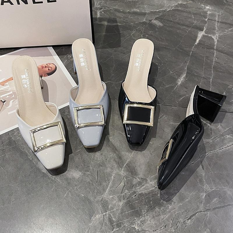 French 2025 Spring Foreign Trade New Square Buckle Sandals Bag Head Half Slippers High Heels Satin Square Head High Heels Women's Shoes