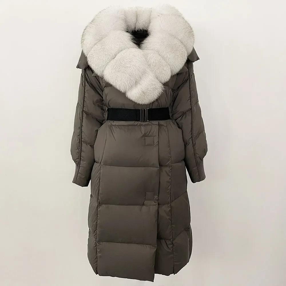 OFTBUY Winter Jacket Women Long Natural Real Raccoon Fox Fur Collar White Duck Down Coat Belt Thick Warm Casual Outerwear