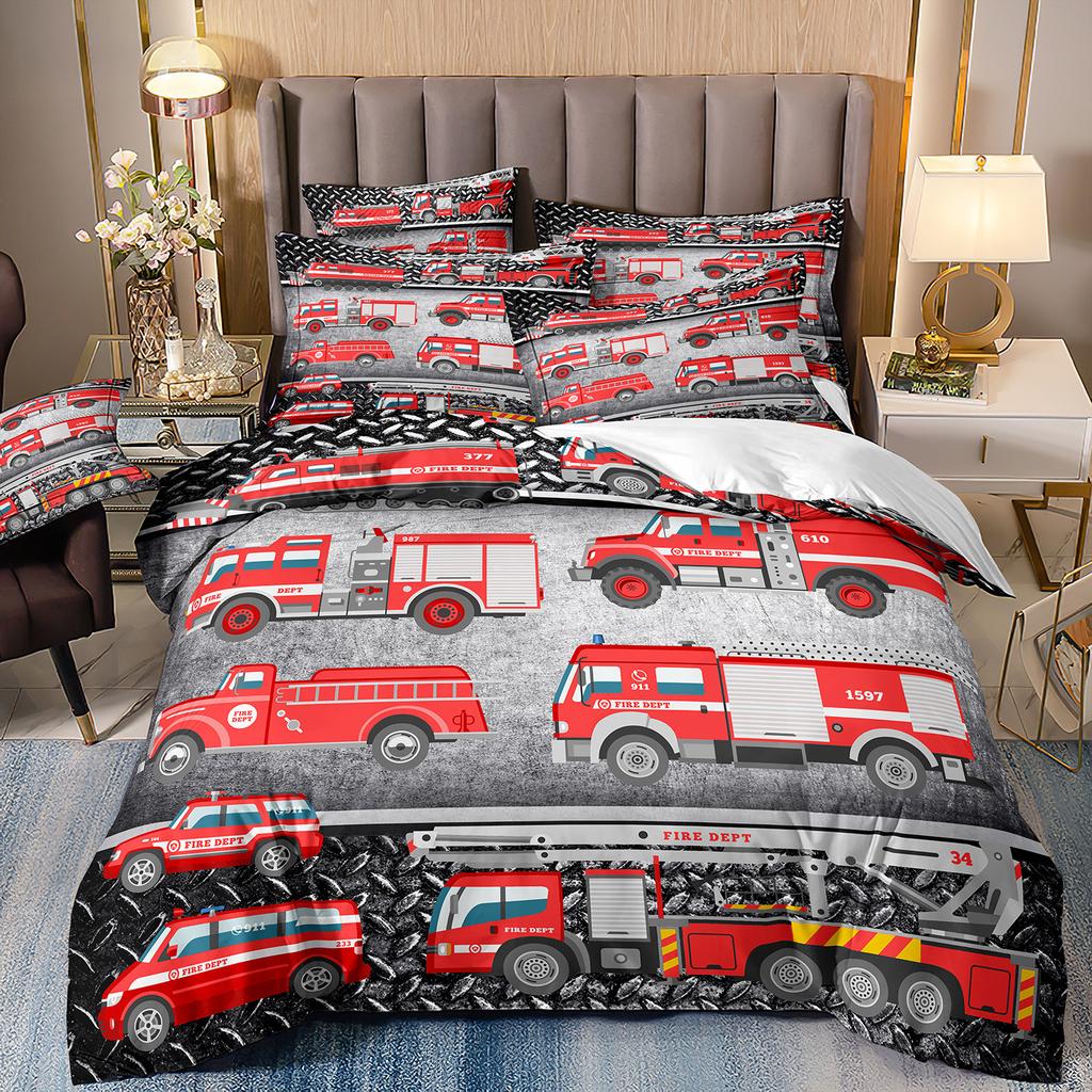 Construction Vehicle Excavator Truck Fire Truck 3D Digital Printing Bed Three-Piece Quilt Kit