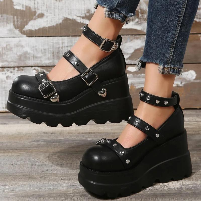 Womens Platform Shoes Punk Style Gothic Shoes Wedge Heeled Single Oes Fashion Leather Casual Footwear Thick Sole Mary Jane Shoes