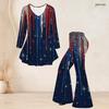 Women Plus Size Round Neck Three Quarter Sleeve Printed Red White Blue Flared Top And Flared Pants Set