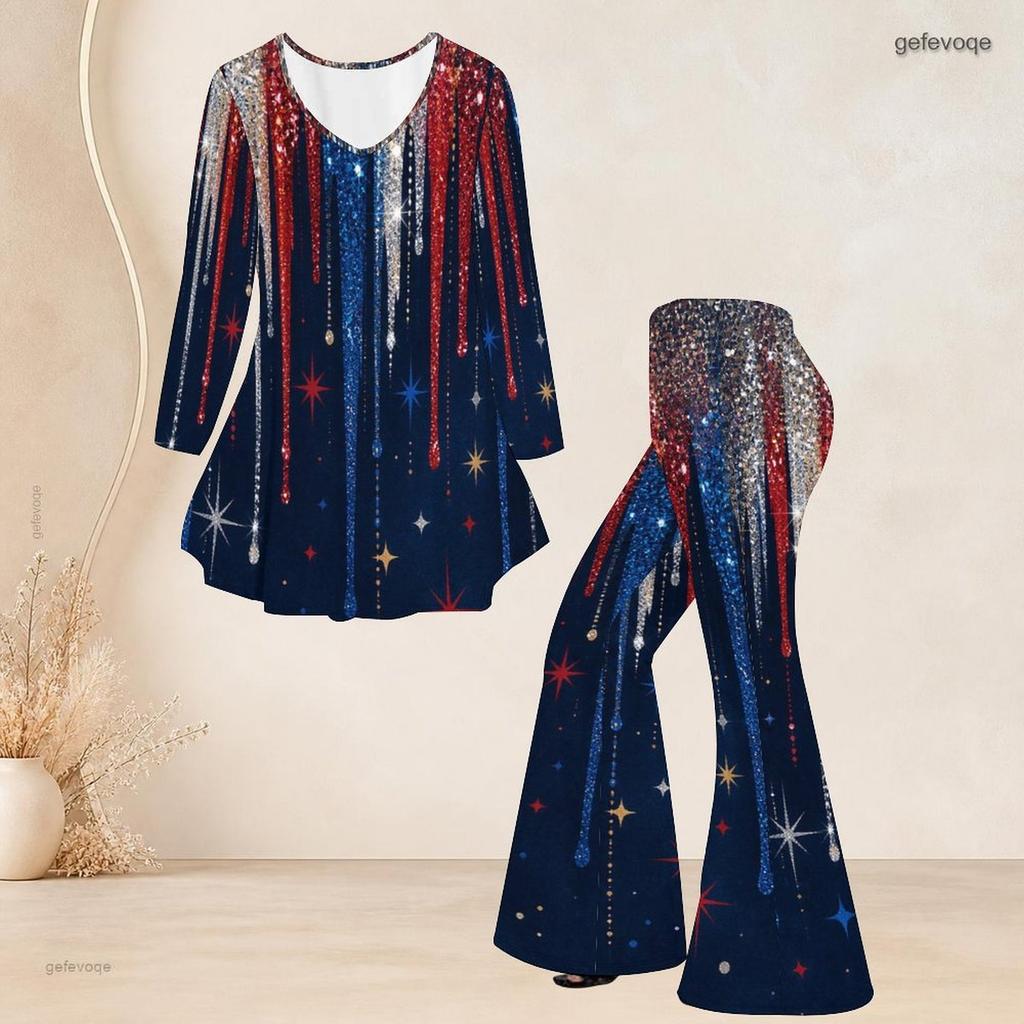 Women Plus Size Round Neck Three Quarter Sleeve Printed Red White Blue Flared Top And Flared Pants Set