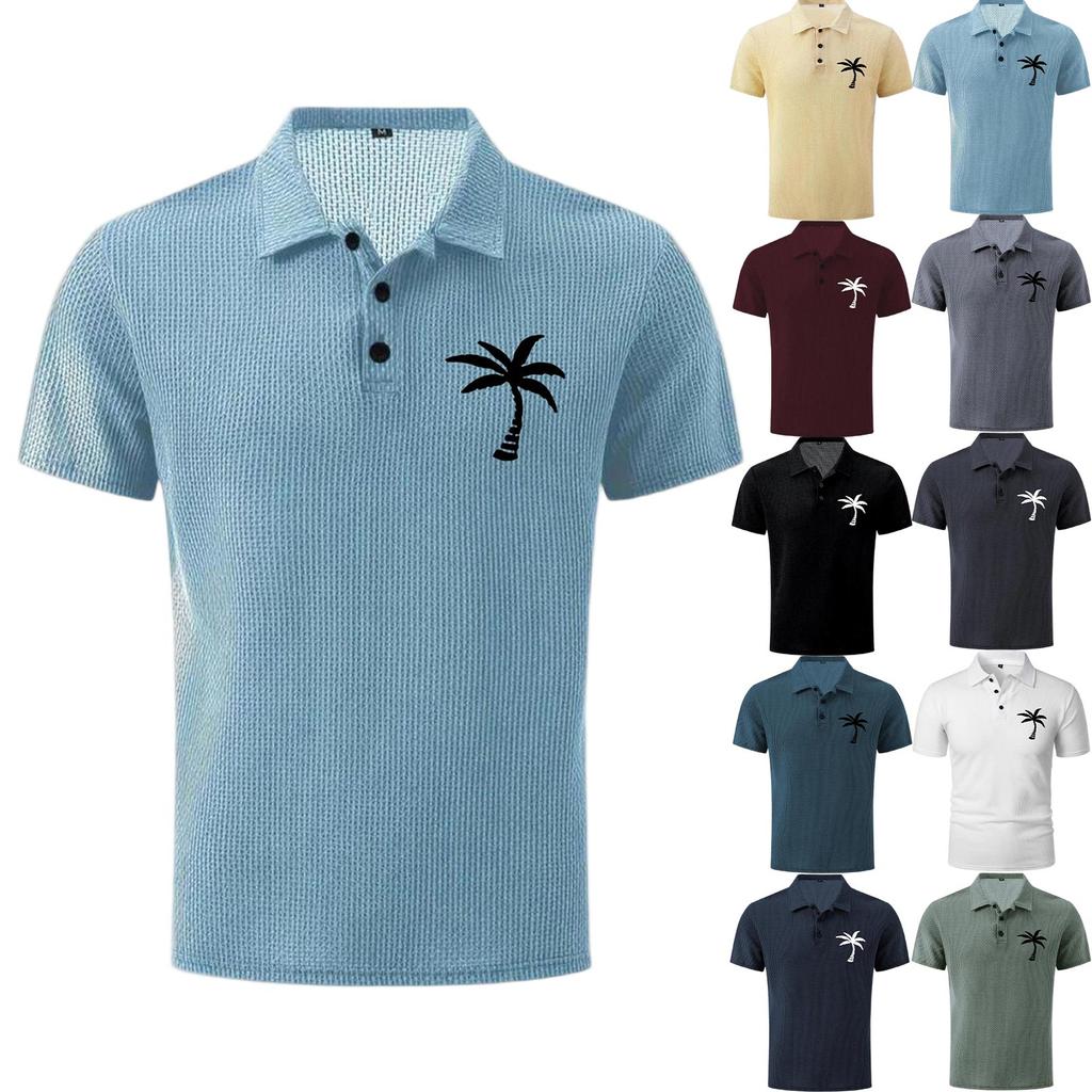 Men's Summer High-End Mesh Ice Silk Short Sleeve Polo Shirt Breathable Lightweight Casual Top with Palm Tree Embroidery