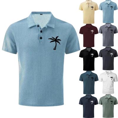 Men's Summer High-End Mesh Ice Silk Short Sleeve Polo Shirt Breathable Lightweight Casual Top with Palm Tree Embroidery