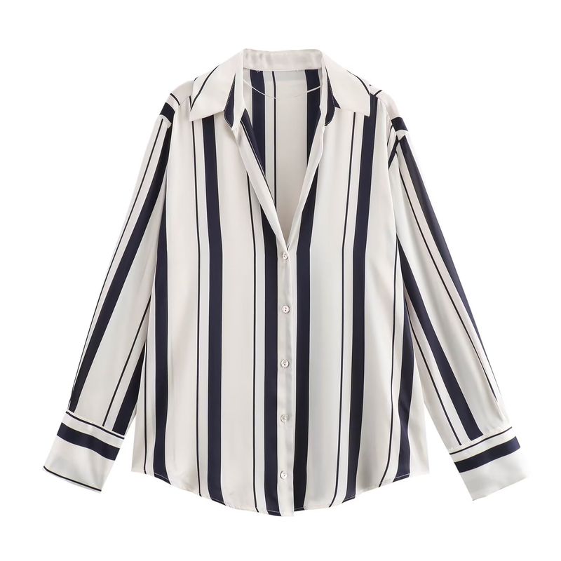 

Kaslead New Arrival Women s Fashion Style Fashion Minimalist Stripes Print Satin Shirt 8503812 Blue Stripe L