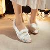 Women's Winter Shallow Embroidered Low Heel Cotton Shoes Ethnic Style Round Toe Slip on Plush Warm Hanfu Shoes Cheongsam Shoes