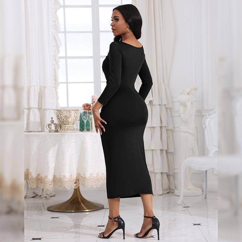 Temperament Solid Color Casual Midi Dress Pleated Slim Long Sleeve Women's Hip Dress