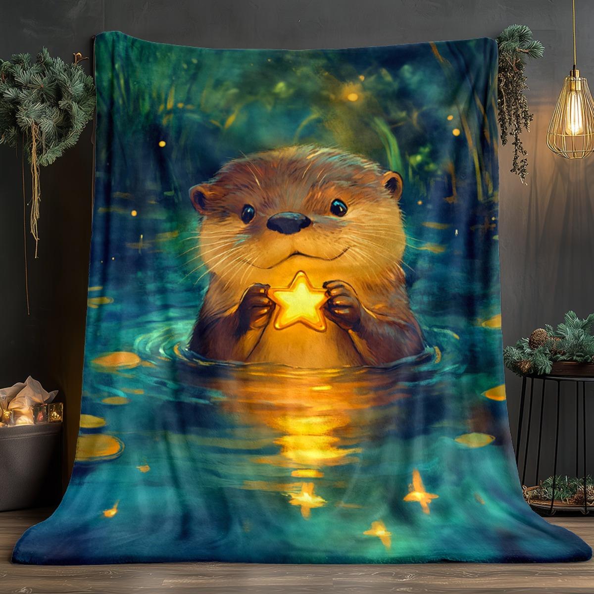 

1pc Whimsical Otter with Star Blanket - Lightweight Flannel, Soft & Warm, Perfect for Home, Camping, Travel - Digital Print Desi 70x100cm28x39in
