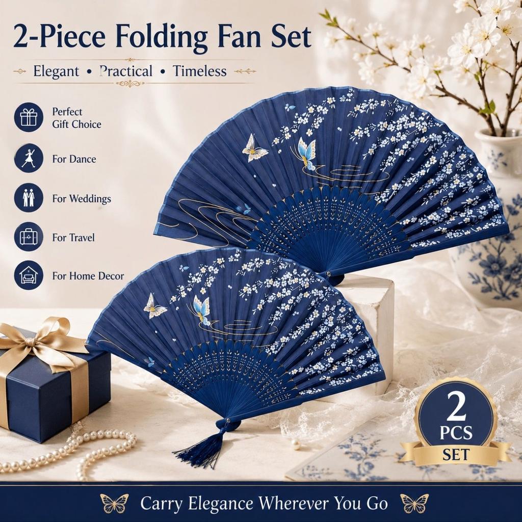 Blue Folding Fan with and Small Butterfly Pattern for Group Dance and Decoration