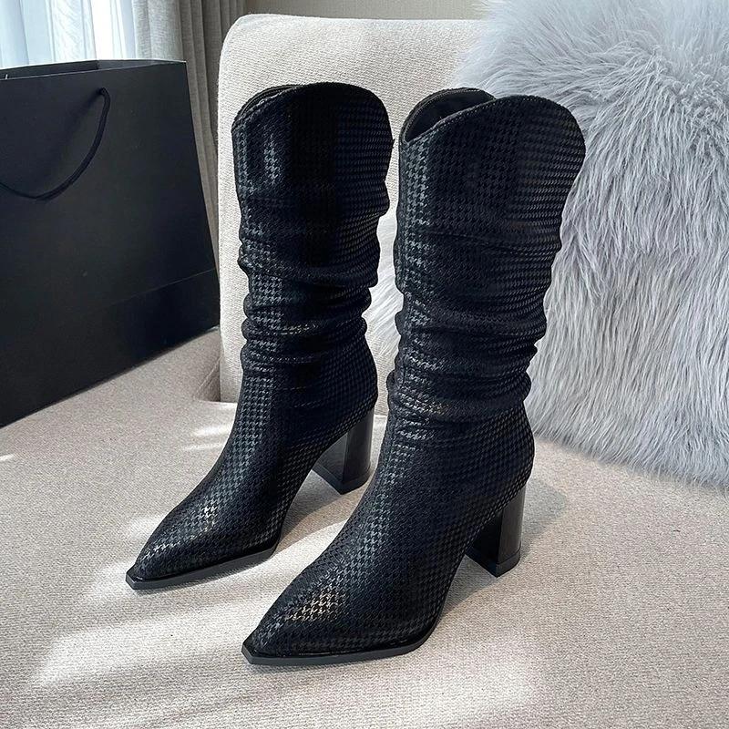 Fashion Warm Pointed Toe Elegant Heeled Half High Boots for Women Designer Luxury Mid Calf Shoes Woman Comfortable Demi-season Boot Sale