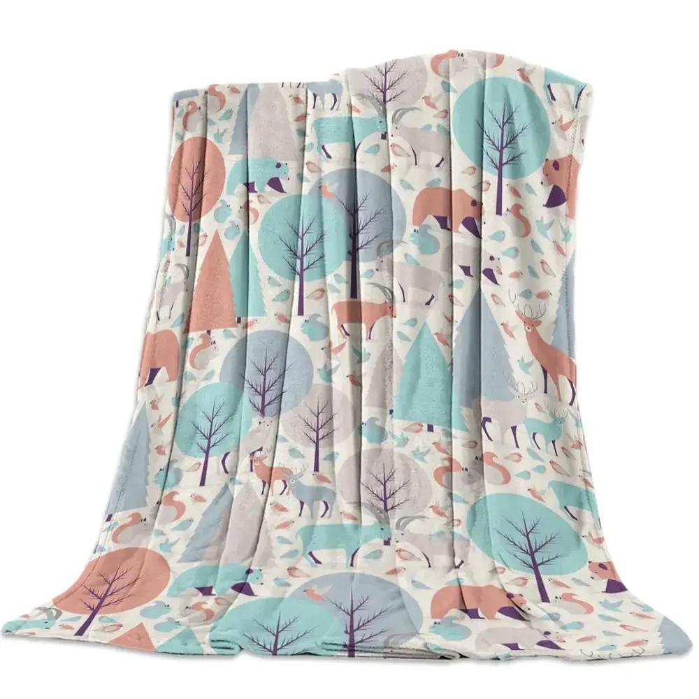 Flannel Blanket for Bed Cartoon Forest Animal Tree Fox Bear Rabbit Kids Throw Blanket Portable Super Soft Blanket Warm King Size