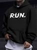 American Western Style Unisex Autumn Winter Print Hooded Long Sleeve Sweatshirt, Rugged Handwritten "RUN" Easy English Pattern, Running Fitness Sports