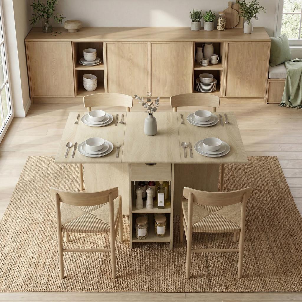 Klappbarer Esstisch für 2-4 Personen, Rollbarer Tisch mit offenem Fach und Schublade, Ideal für kleine Räume, Natur