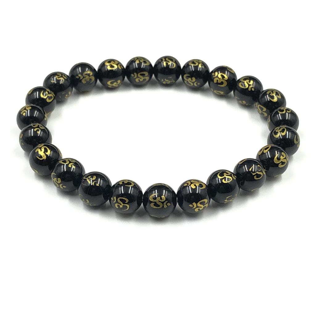 8mm Natürlicher Schwarzer Onyx OM Edelstein Perlen Armband 7.5" Runde OM Perlen Schmuck Geschenk Für Sie/Ihn RBB-20